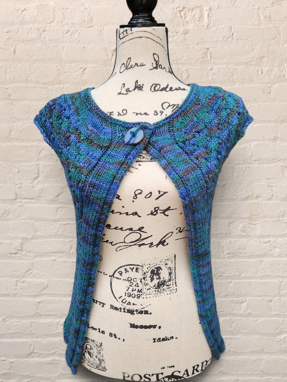 Hand Knit Variegated Blue Teal Cap Sleeve Open Front Shrug Cardigan Cozy Y2K